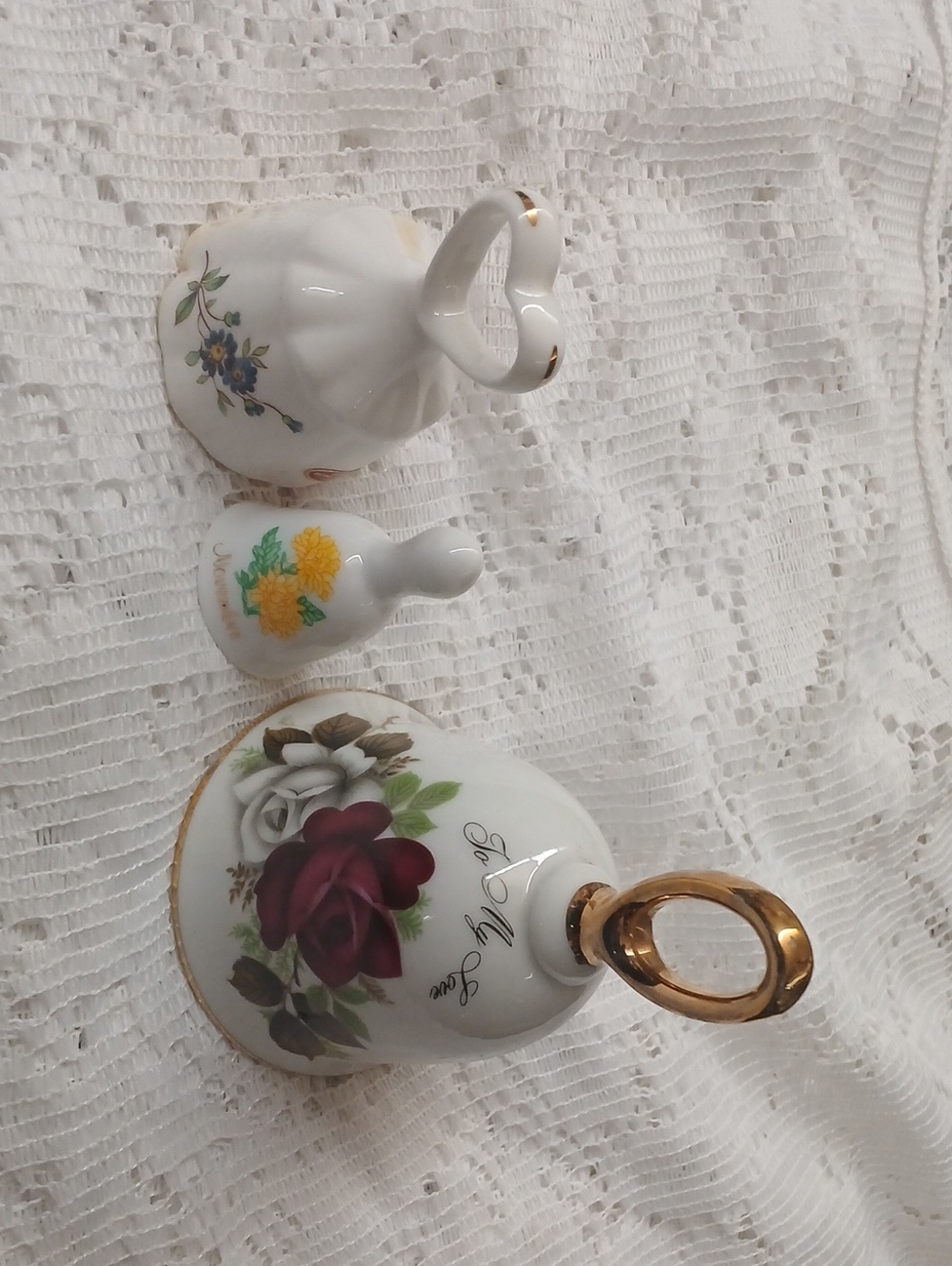 Porcelain Decorative Bells with Floral Motifs - White & Gold Accents
